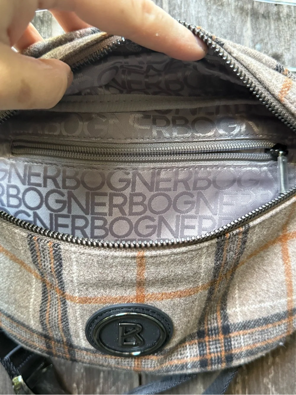 BOGNER Monte Plaid Belt Bag Fanny Pack Crossbody Brown Gunmetal Hardware NWOT